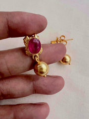 Gold polish ruby studs with gold bead hanging-Earrings-CI-House of Taamara
