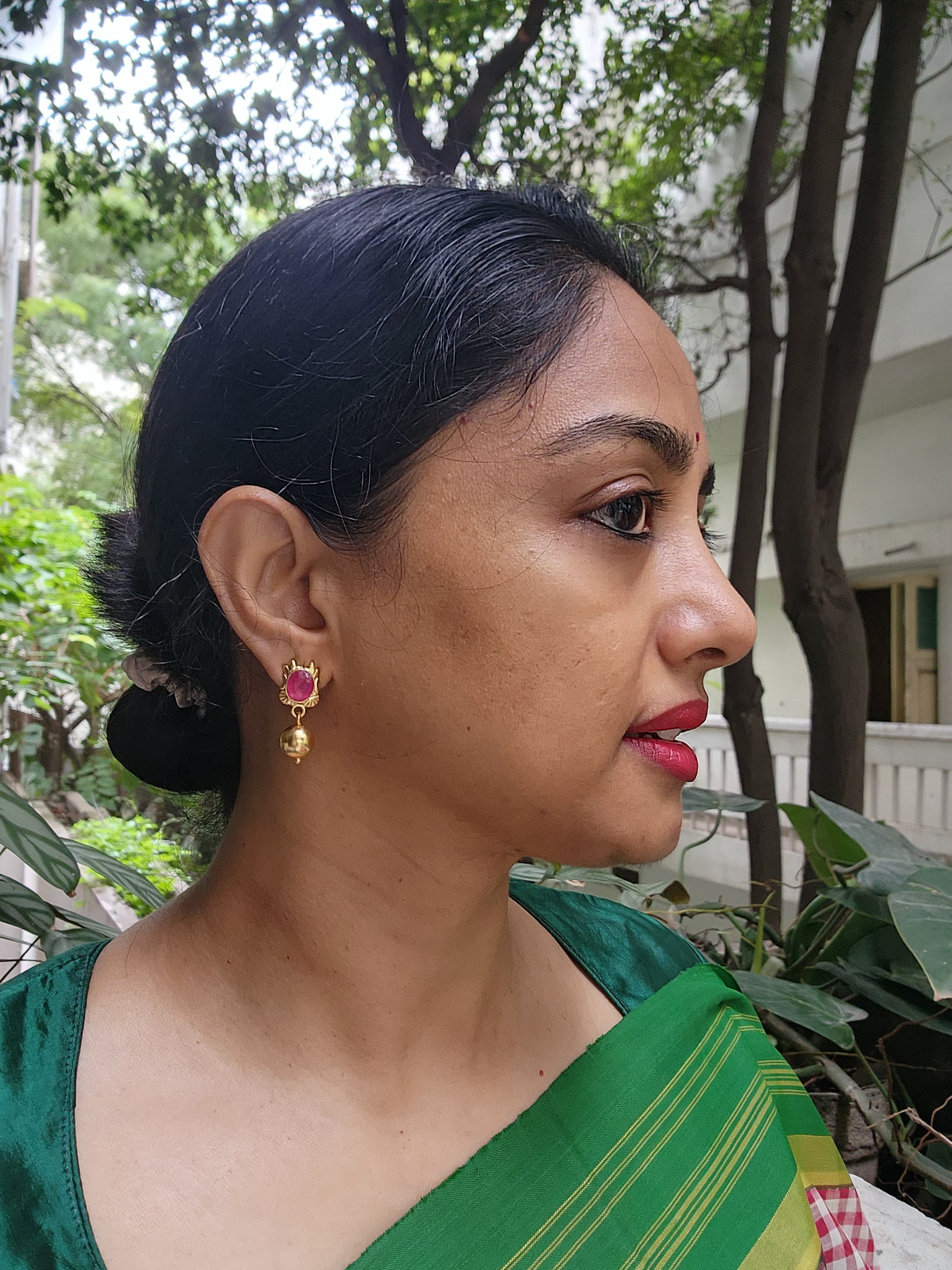 Gold polish ruby studs with gold bead hanging-Earrings-CI-House of Taamara