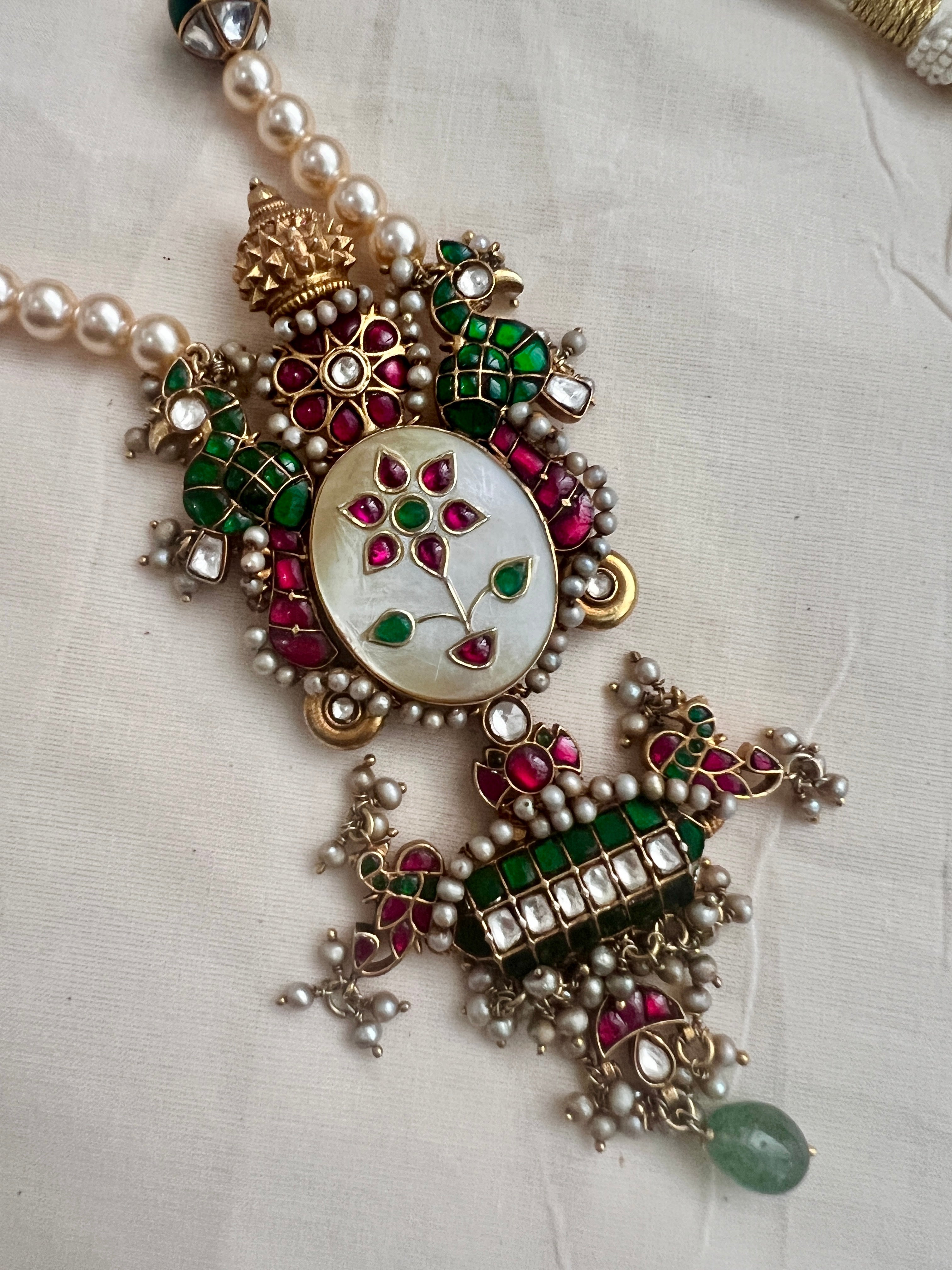 Gold polish simulated kundan, ruby & emerald inlay work pendant, pearls & beads chain-Silver Neckpiece-CI-House of Taamara