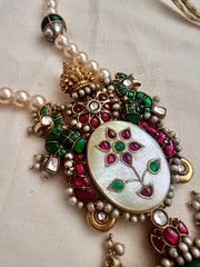 Gold polish simulated kundan, ruby & emerald inlay work pendant, pearls & beads chain-Silver Neckpiece-CI-House of Taamara