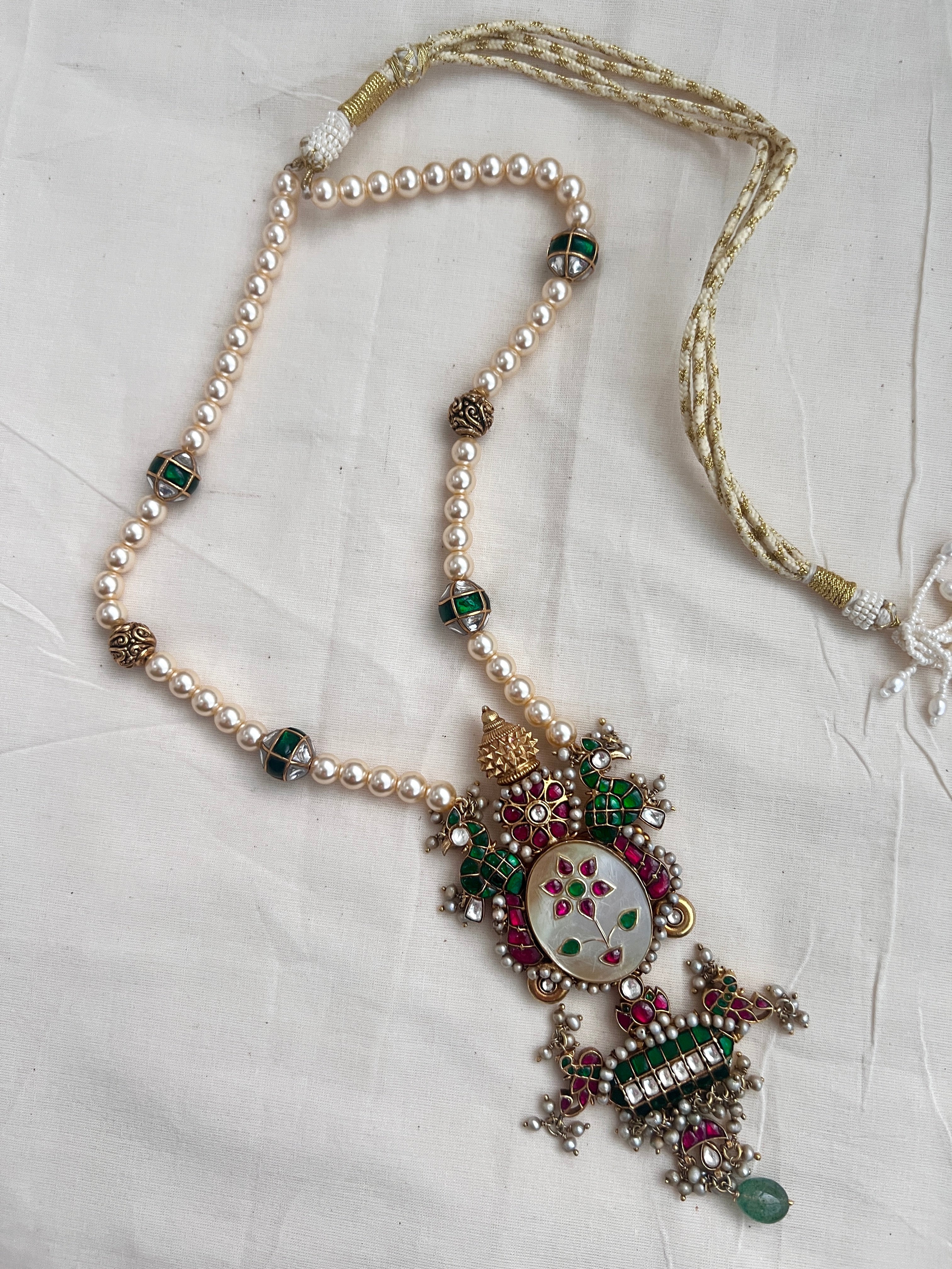 Gold polish simulated kundan, ruby & emerald inlay work pendant, pearls & beads chain-Silver Neckpiece-CI-House of Taamara