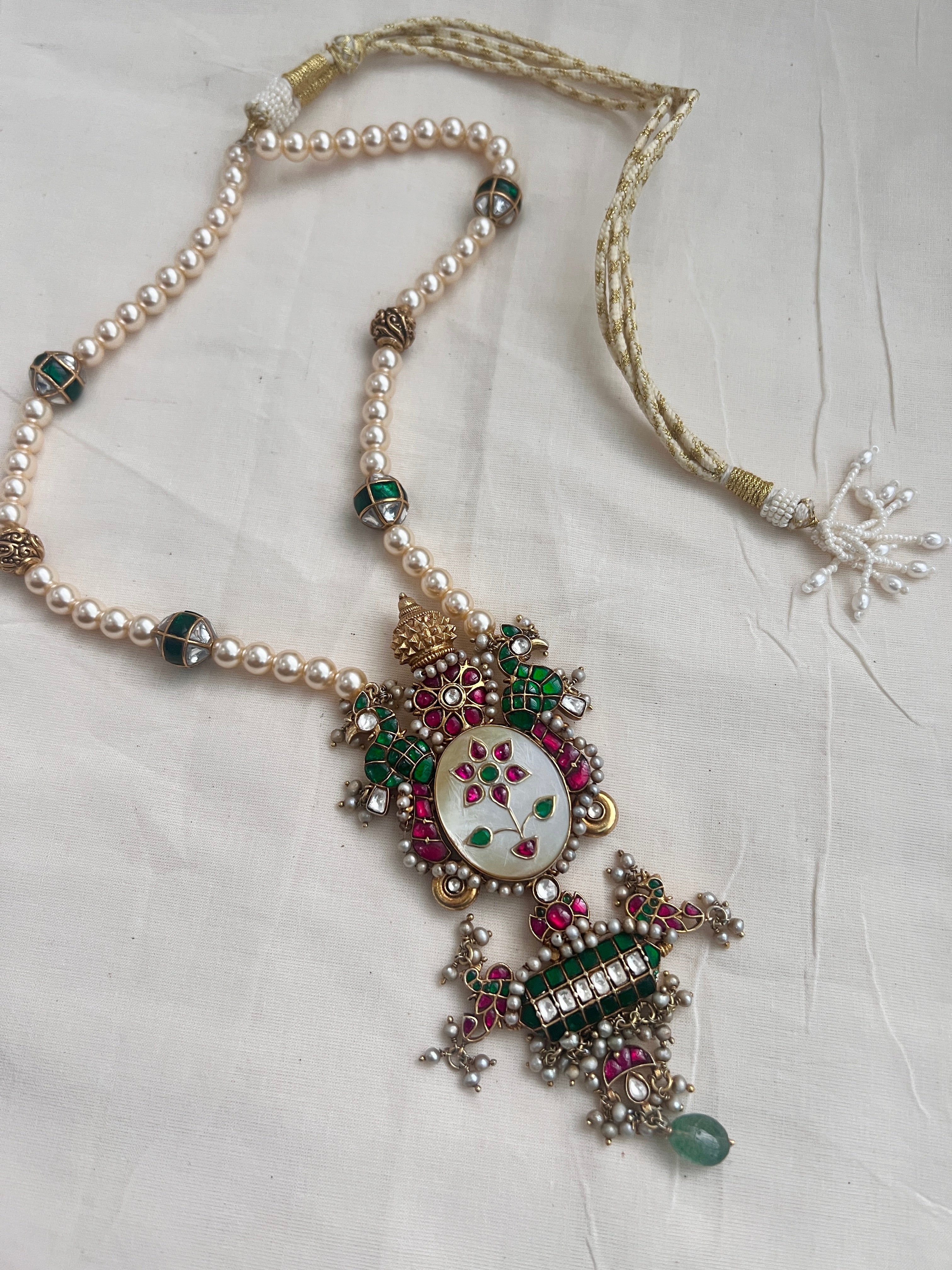 Gold polish simulated kundan, ruby & emerald inlay work pendant, pearls & beads chain-Silver Neckpiece-CI-House of Taamara