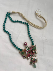 Gold polish simulated kundan, ruby & emerald pendant, green onyx & pearls beads chain-Silver Neckpiece-CI-House of Taamara