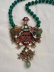 Gold polish simulated kundan, ruby & emerald pendant, green onyx & pearls beads chain-Silver Neckpiece-CI-House of Taamara