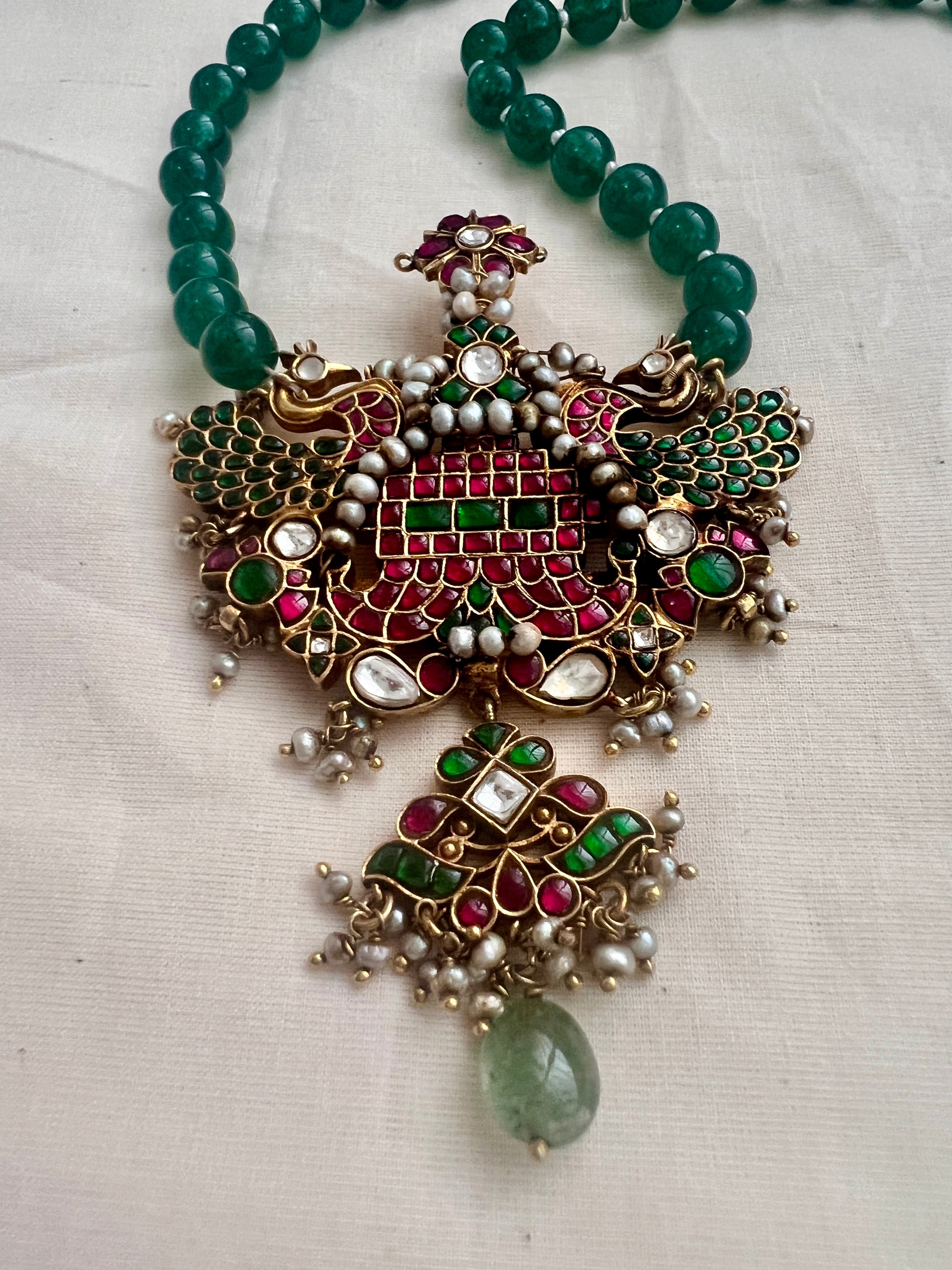 Gold polish simulated kundan, ruby & emerald pendant, green onyx & pearls beads chain-Silver Neckpiece-CI-House of Taamara