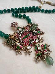 Gold polish simulated kundan, ruby & emerald pendant, green onyx & pearls beads chain-Silver Neckpiece-CI-House of Taamara