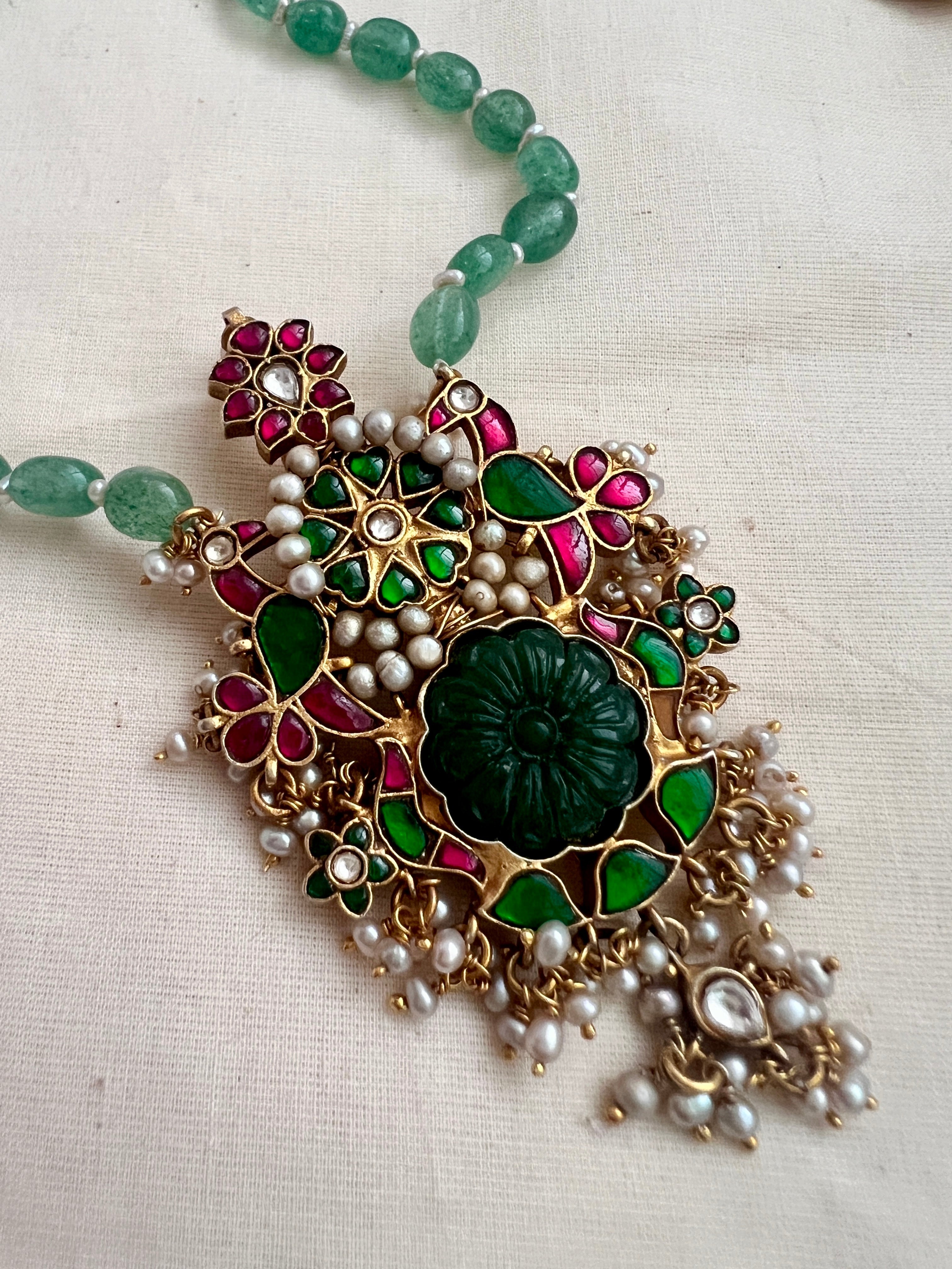 Gold polish simulated kundan, ruby & emerald pendant, jade & pearls beads chain-Silver Neckpiece-CI-House of Taamara