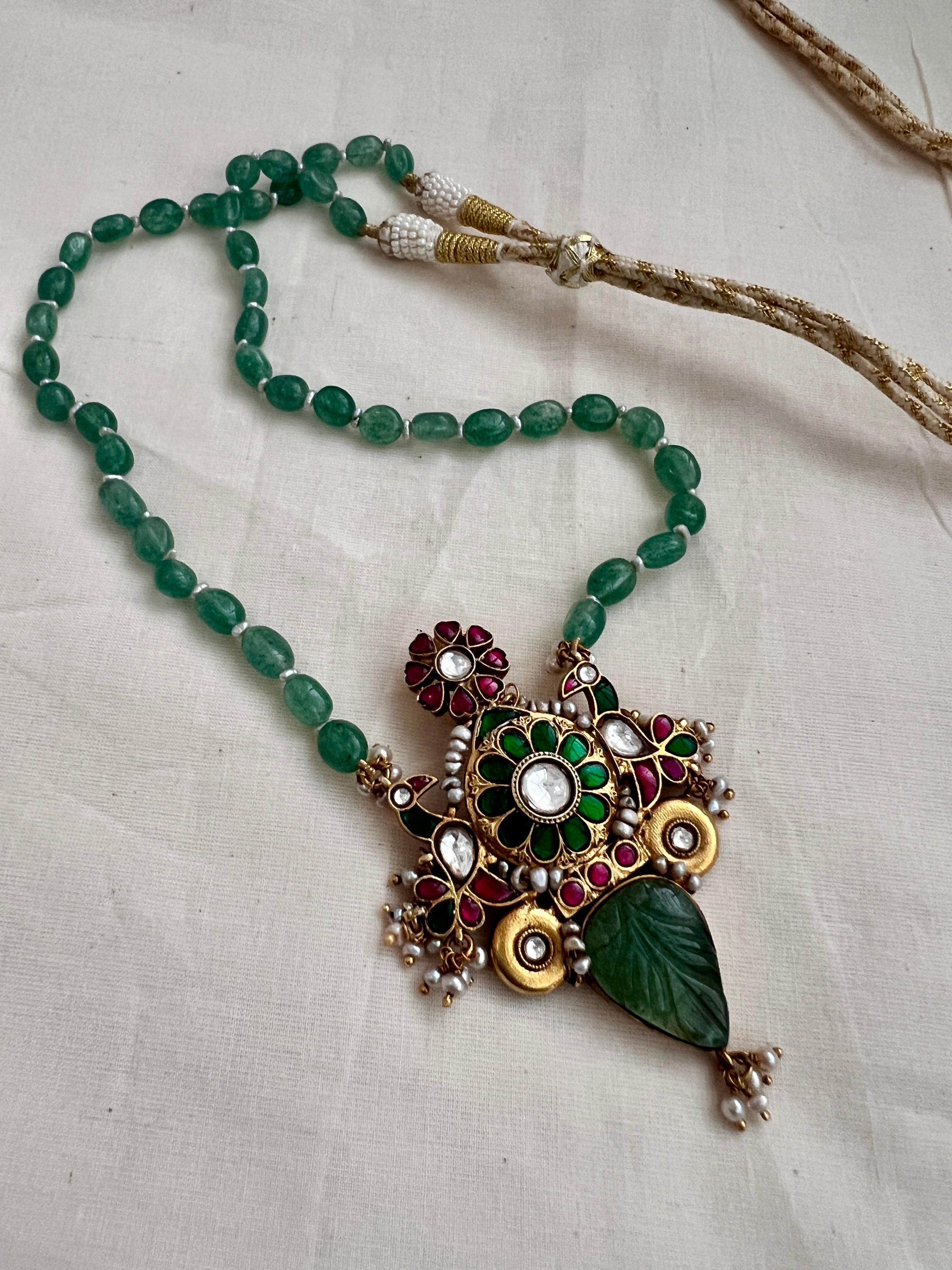 Gold polish simulated kundan, ruby & emerald pendant, jade & pearls beads chain-Silver Neckpiece-CI-House of Taamara