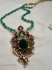 Gold polish simulated kundan, ruby & emerald pendant, jade & pearls beads chain-Silver Neckpiece-CI-House of Taamara