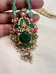 Gold polish simulated kundan, ruby & emerald pendant, jade & pearls beads chain-Silver Neckpiece-CI-House of Taamara