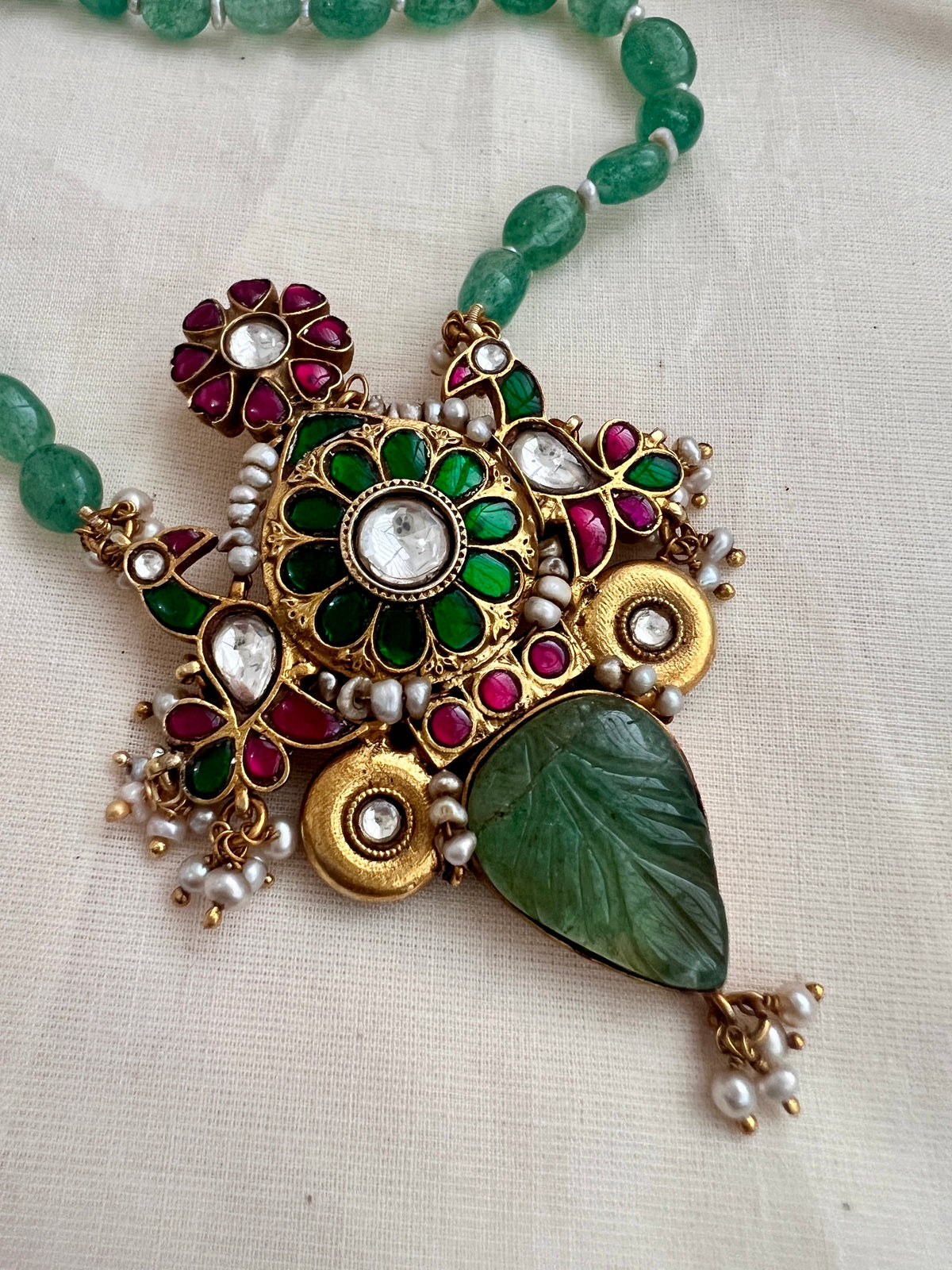 Gold polish simulated kundan, ruby & emerald pendant, jade & pearls beads chain-Silver Neckpiece-CI-House of Taamara