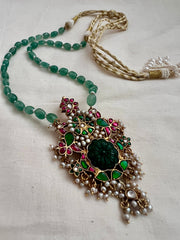 Gold polish simulated kundan, ruby & emerald pendant, jade & pearls beads chain-Silver Neckpiece-CI-House of Taamara