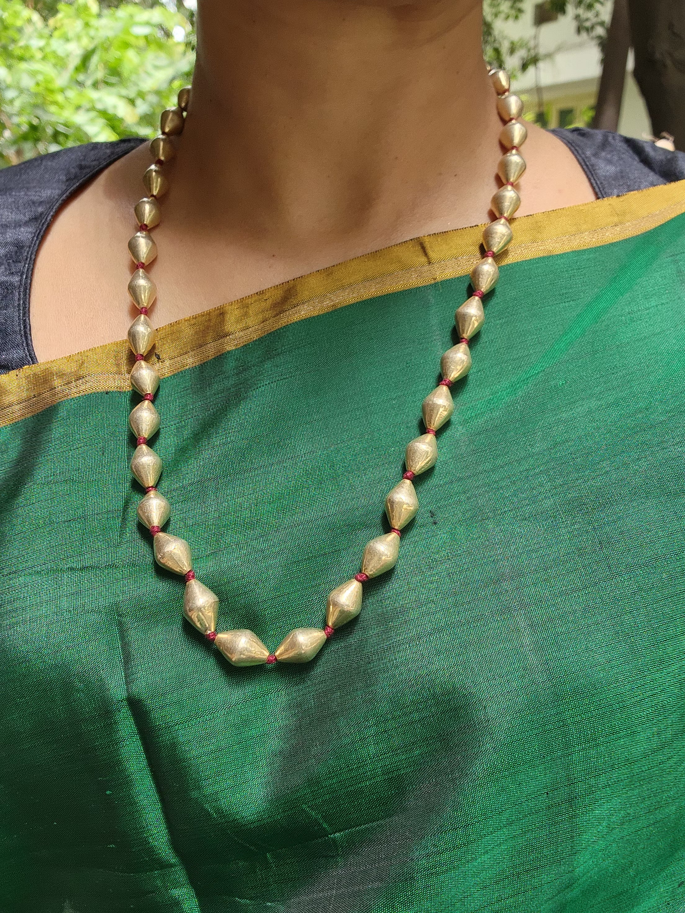 Gold polish single line dholki beads chain-Silver Neckpiece-CI-House of Taamara