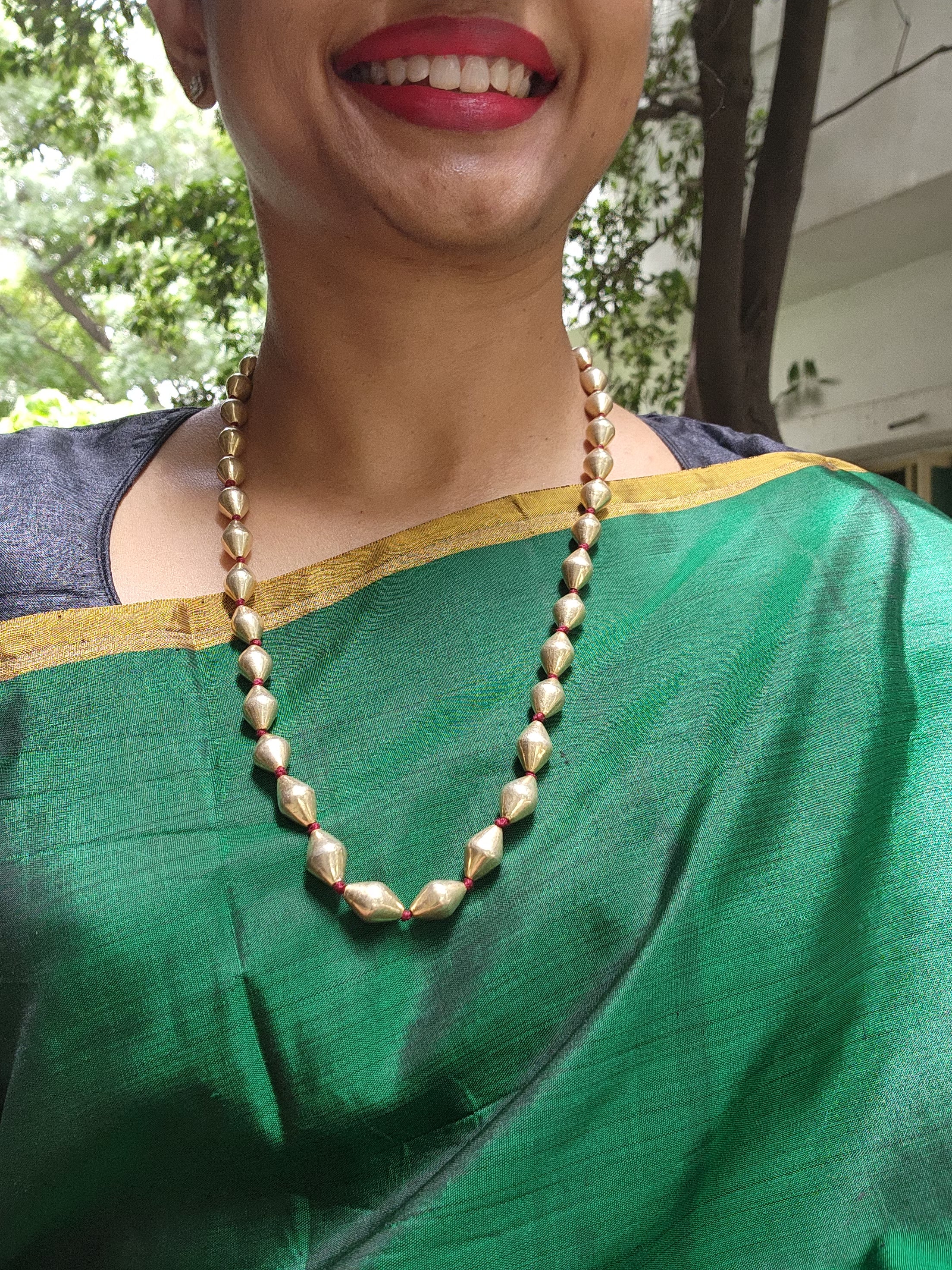 Gold polish single line dholki beads chain-Silver Neckpiece-CI-House of Taamara