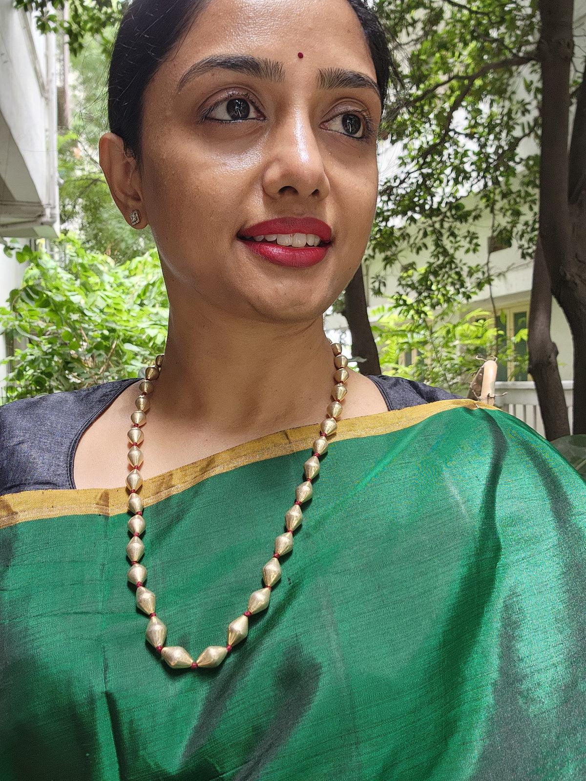 Gold polish single line dholki beads chain-Silver Neckpiece-CI-House of Taamara