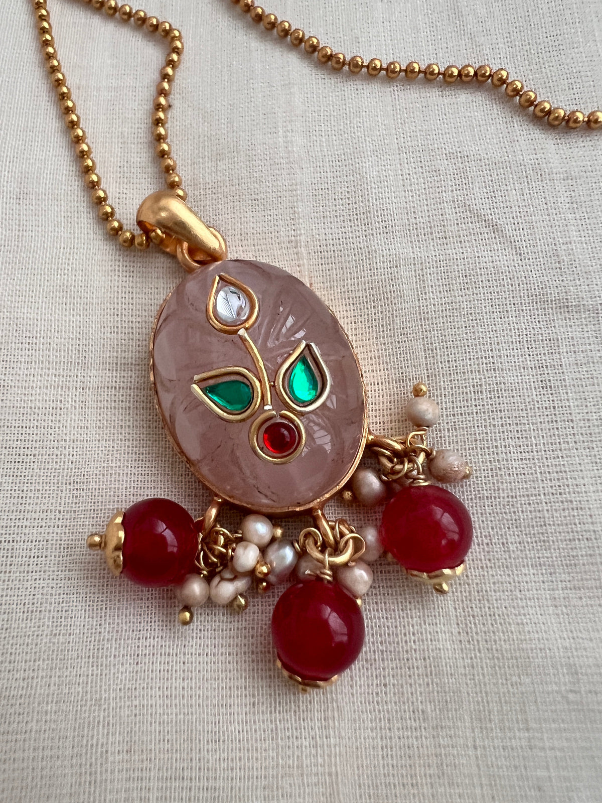 Gold polish small gundu beads chain with kundan inlay work pendant-Silver Neckpiece-CI-House of Taamara