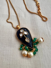 Gold polish small gundu beads chain with kundan inlay work pendant-Silver Neckpiece-CI-House of Taamara