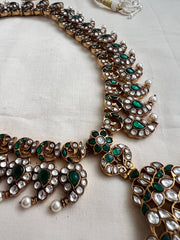 Gold polish statement kundan & emerald paisley necklace with pearls & green onyx beads-Silver Neckpiece-CI-House of Taamara