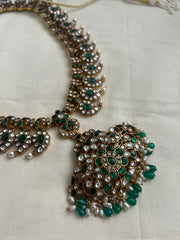 Gold polish statement kundan & emerald paisley necklace with pearls & green onyx beads-Silver Neckpiece-CI-House of Taamara