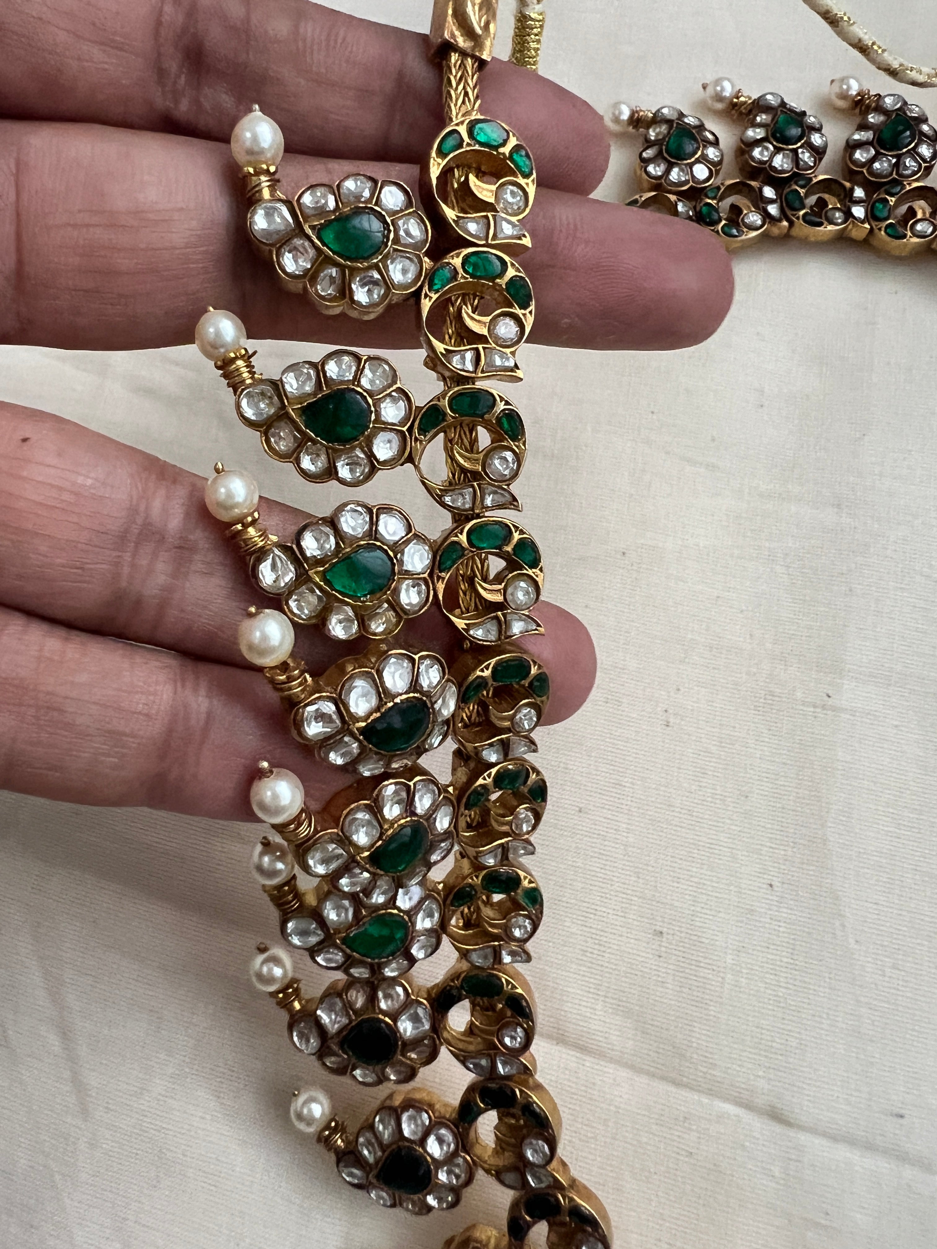 Gold polish statement kundan & emerald paisley necklace with pearls & green onyx beads-Silver Neckpiece-CI-House of Taamara