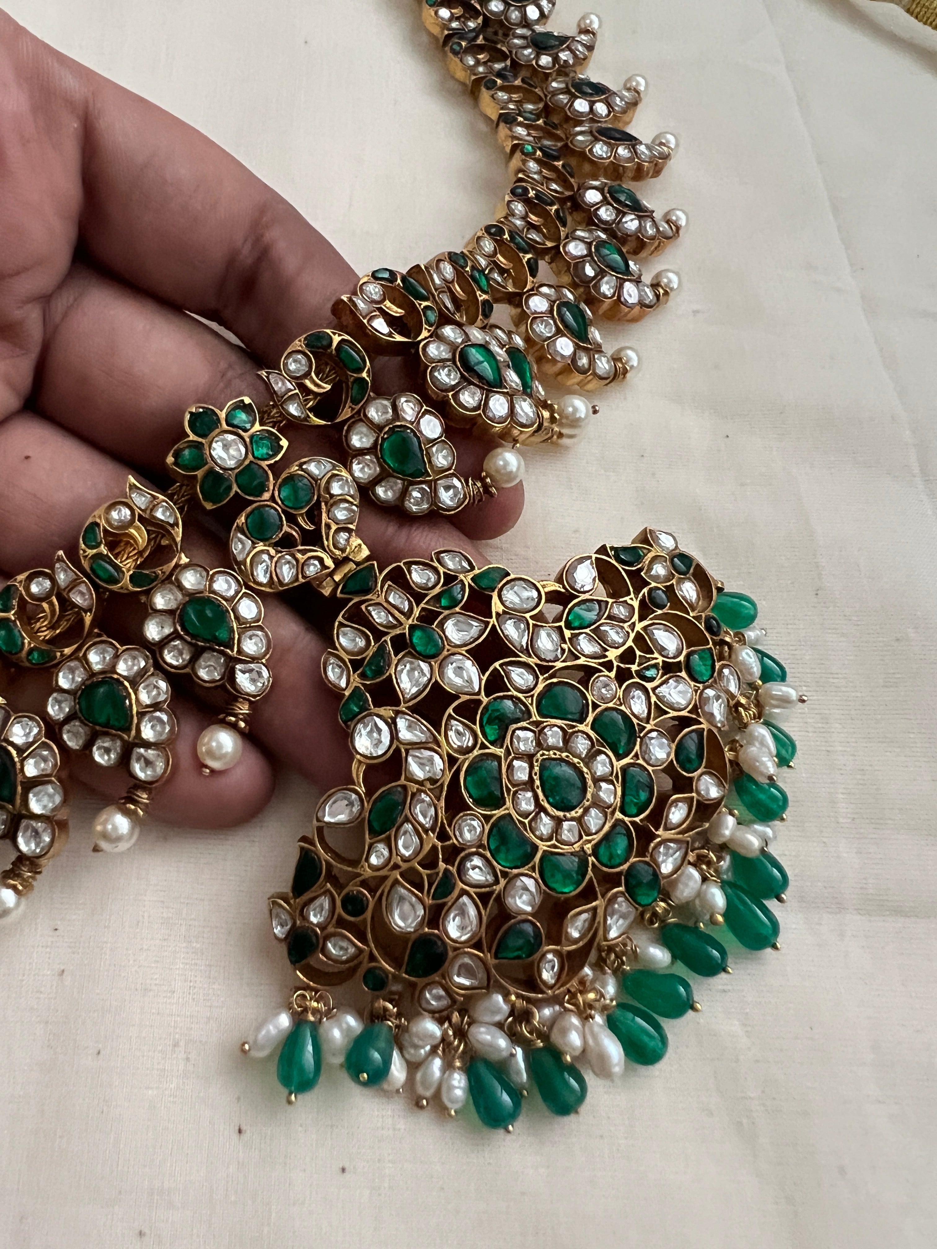 Gold polish statement kundan & emerald paisley necklace with pearls & green onyx beads-Silver Neckpiece-CI-House of Taamara