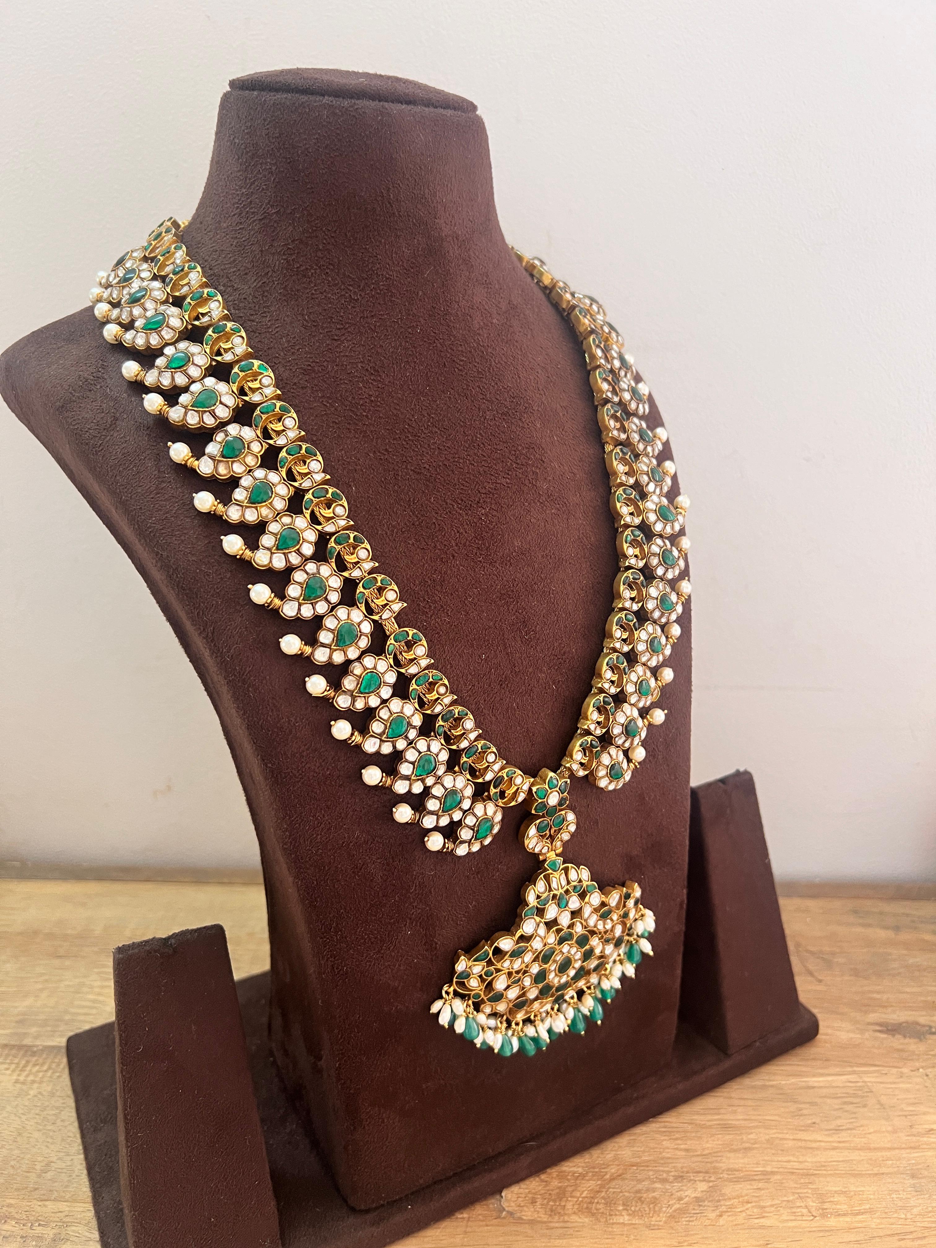 Gold polish statement kundan & emerald paisley necklace with pearls & green onyx beads-Silver Neckpiece-CI-House of Taamara