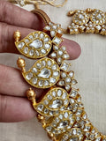Gold polish statement kundan paisley necklace with pearls & jade beads, set-Silver Neckpiece-CI-House of Taamara