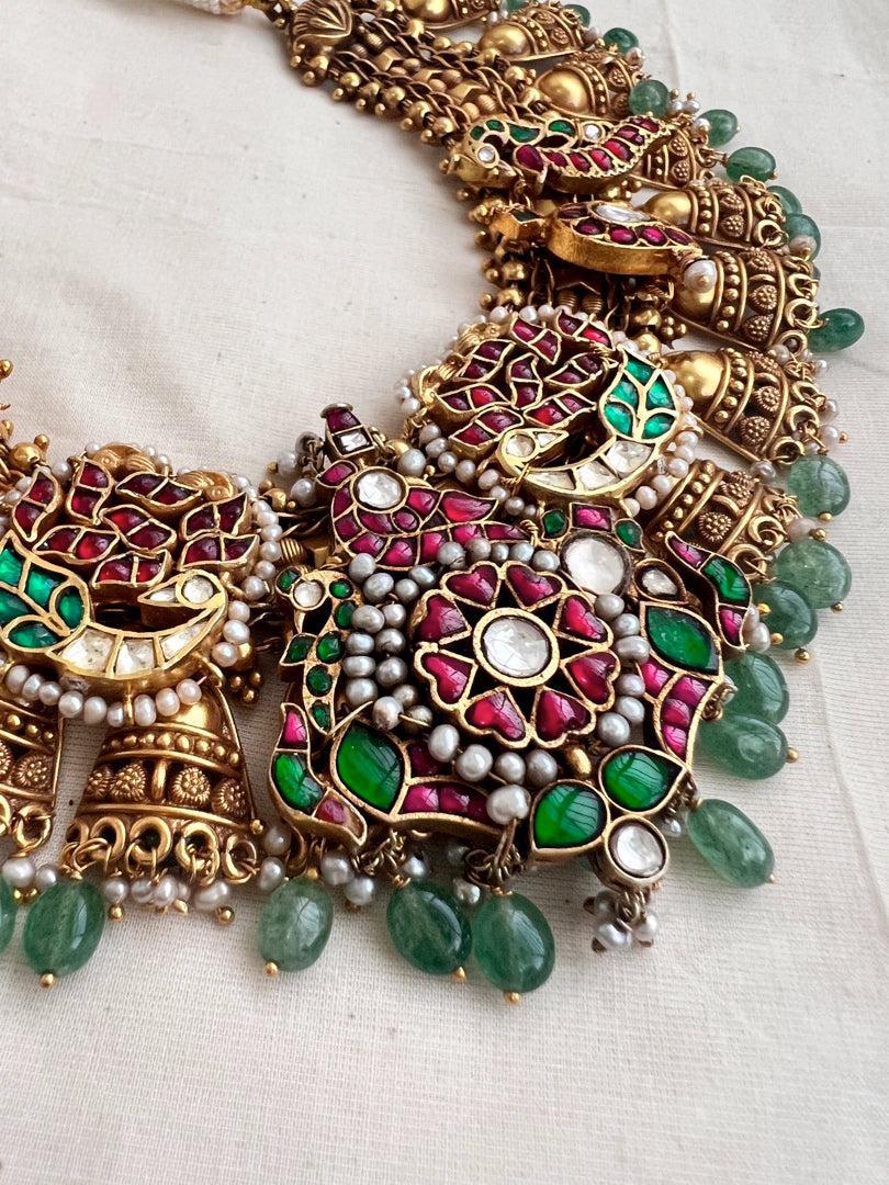 Gold polish statement necklace with kundan, ruby & emerald with pearls & jade beads-Silver Neckpiece-CI-House of Taamara