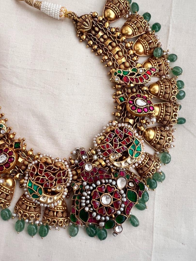 Gold polish statement necklace with kundan, ruby & emerald with pearls & jade beads-Silver Neckpiece-CI-House of Taamara