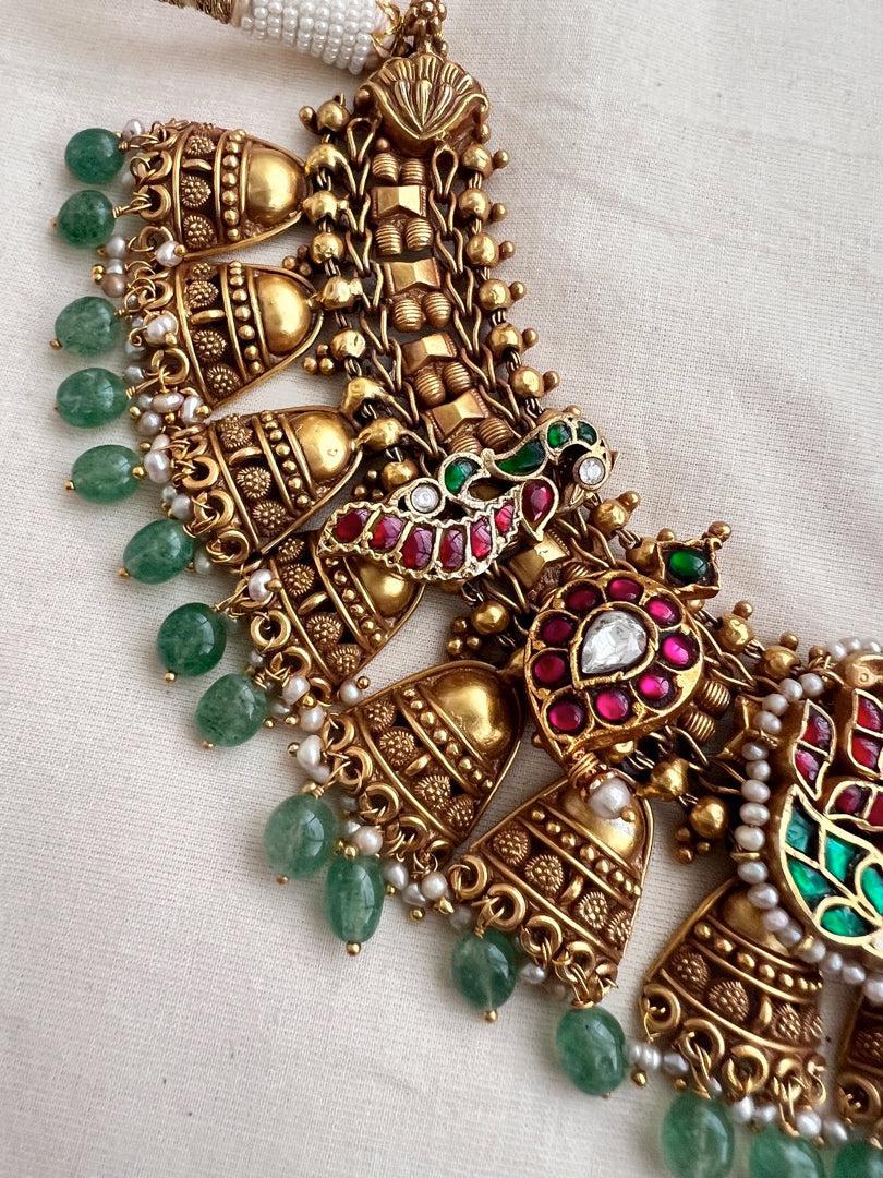 Gold polish statement necklace with kundan, ruby & emerald with pearls & jade beads-Silver Neckpiece-CI-House of Taamara