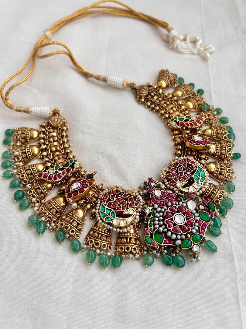 Gold polish statement necklace with kundan, ruby & emerald with pearls & jade beads-Silver Neckpiece-CI-House of Taamara