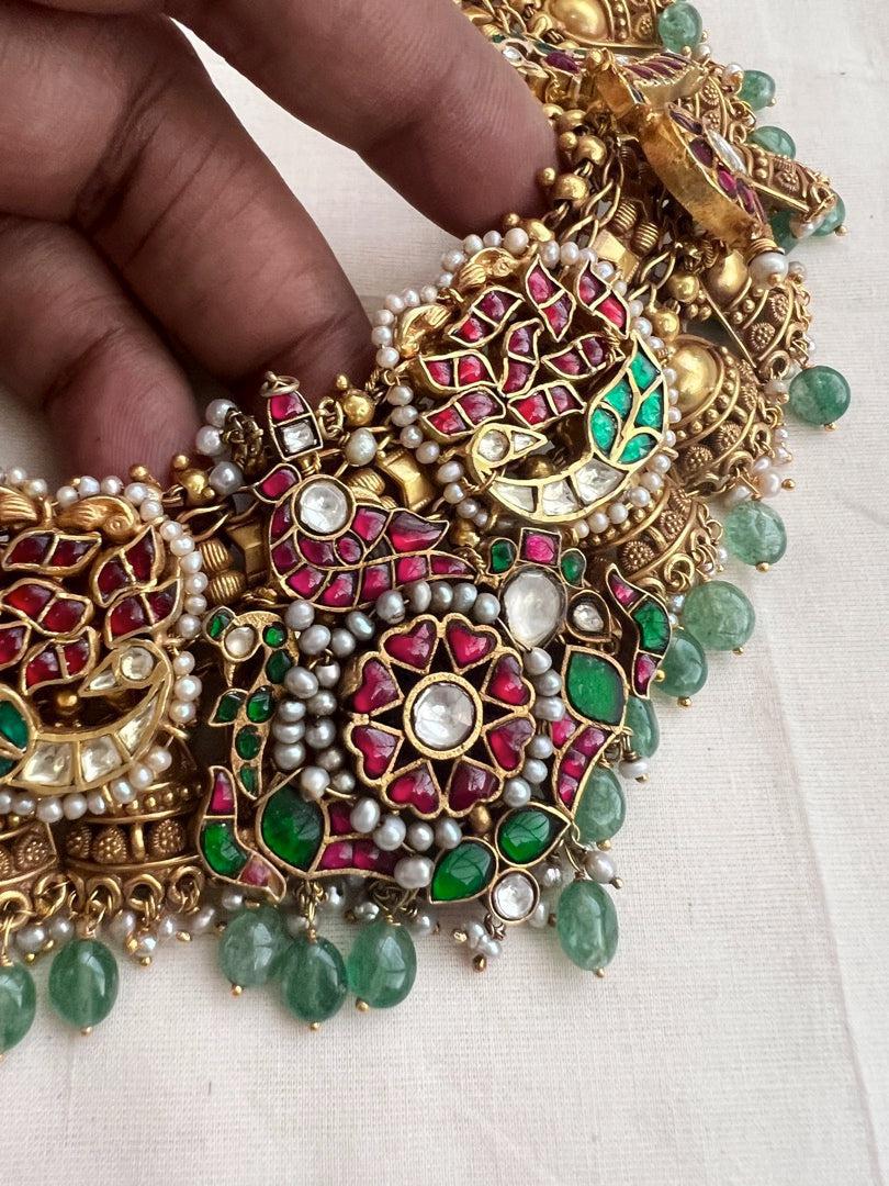 Gold polish statement necklace with kundan, ruby & emerald with pearls & jade beads-Silver Neckpiece-CI-House of Taamara