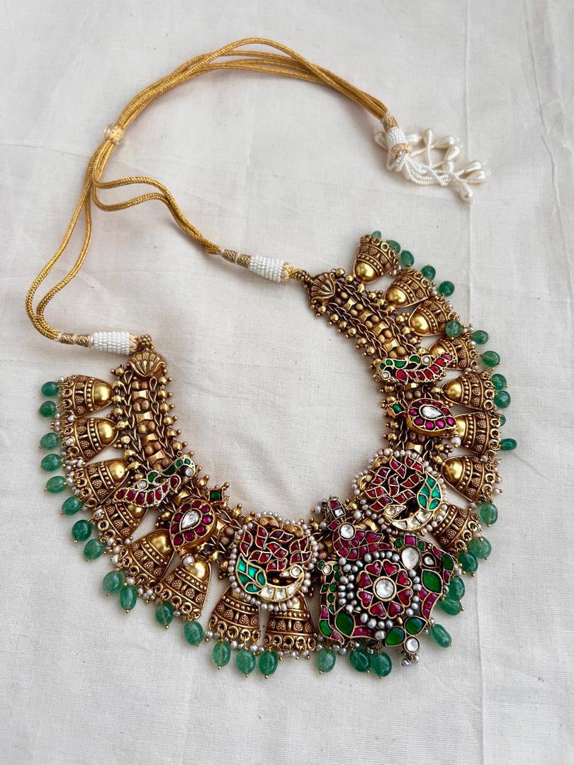 Gold polish statement necklace with kundan, ruby & emerald with pearls & jade beads-Silver Neckpiece-CI-House of Taamara