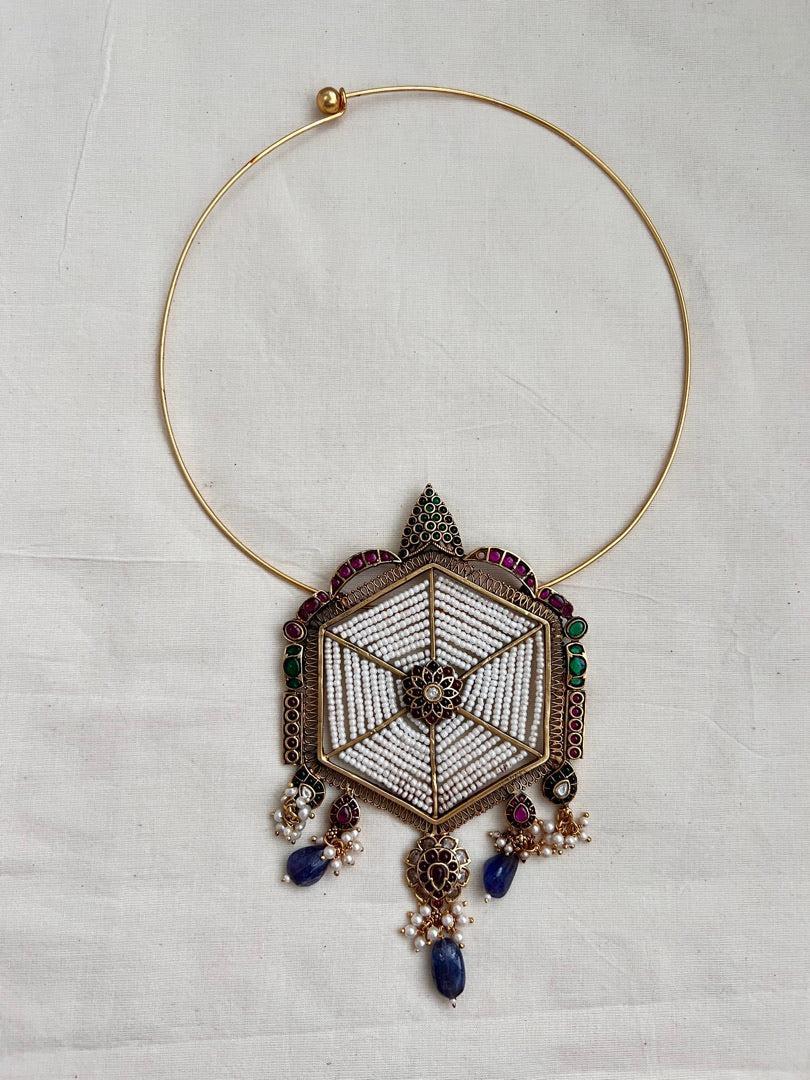 Gold polish statement pendant with hasli-Silver Neckpiece-CI-House of Taamara