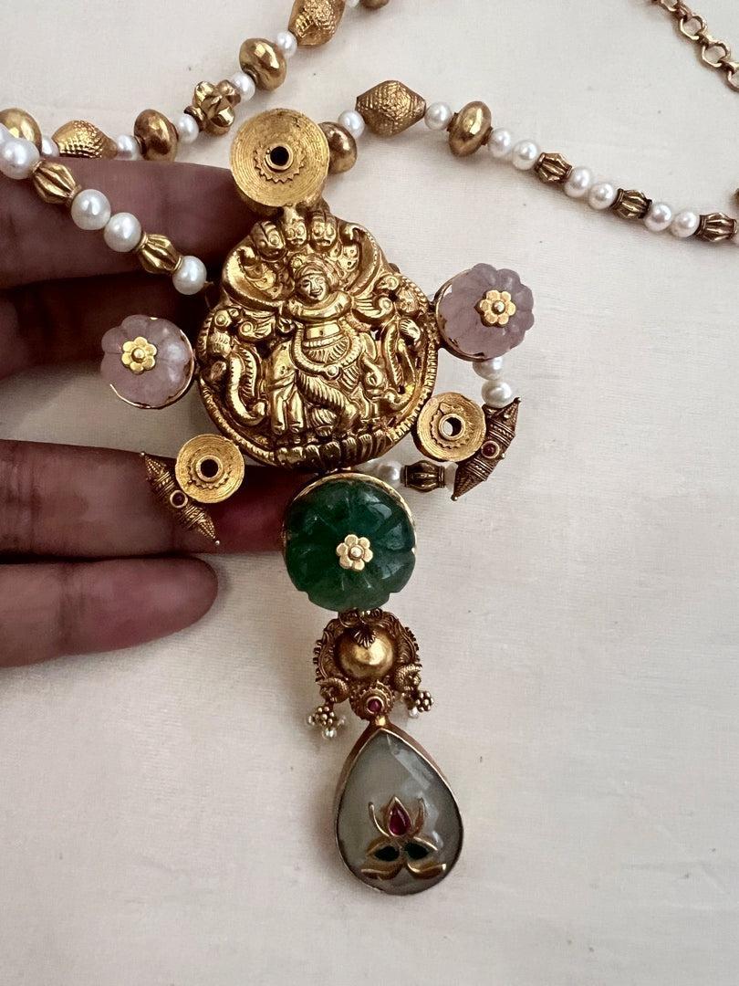 Gold polish statement pendant with pearls and gold beads chain-Silver Neckpiece-CI-House of Taamara