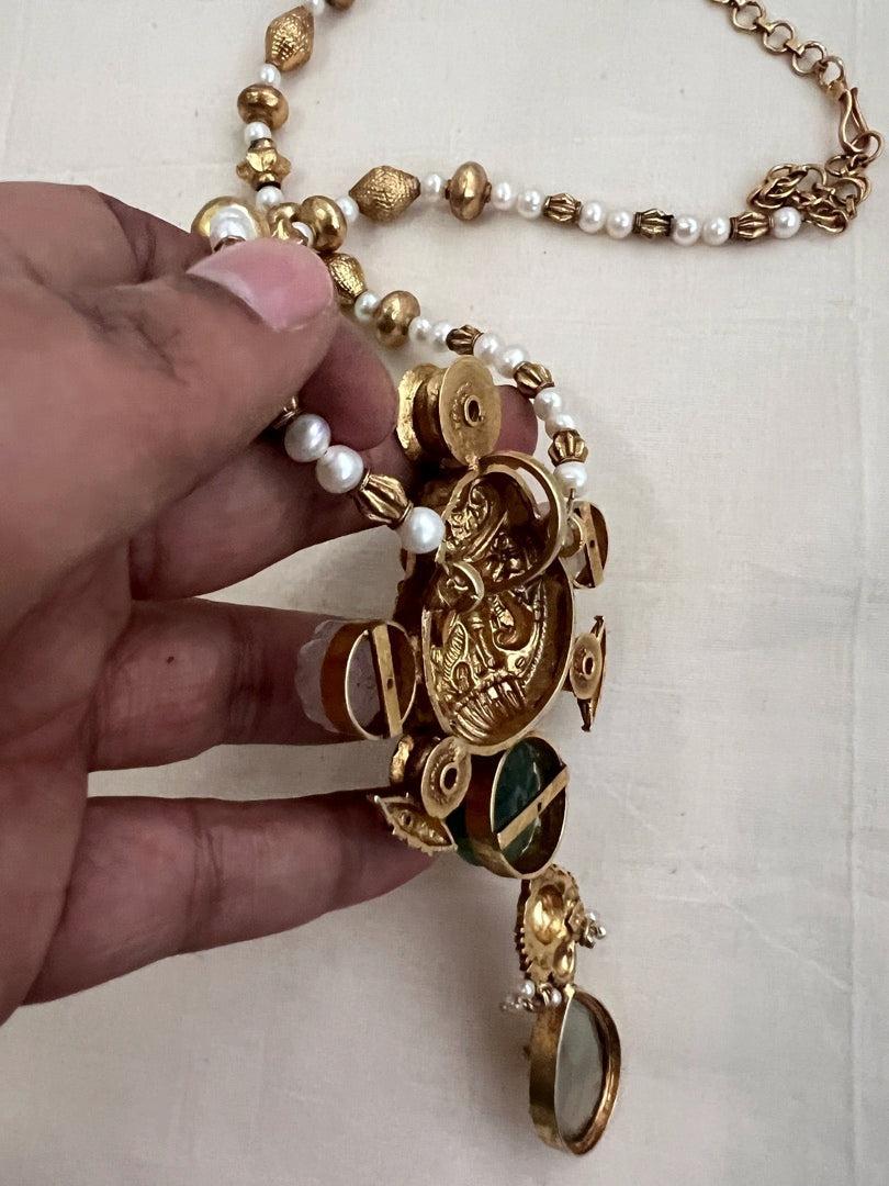 Gold polish statement pendant with pearls and gold beads chain-Silver Neckpiece-CI-House of Taamara