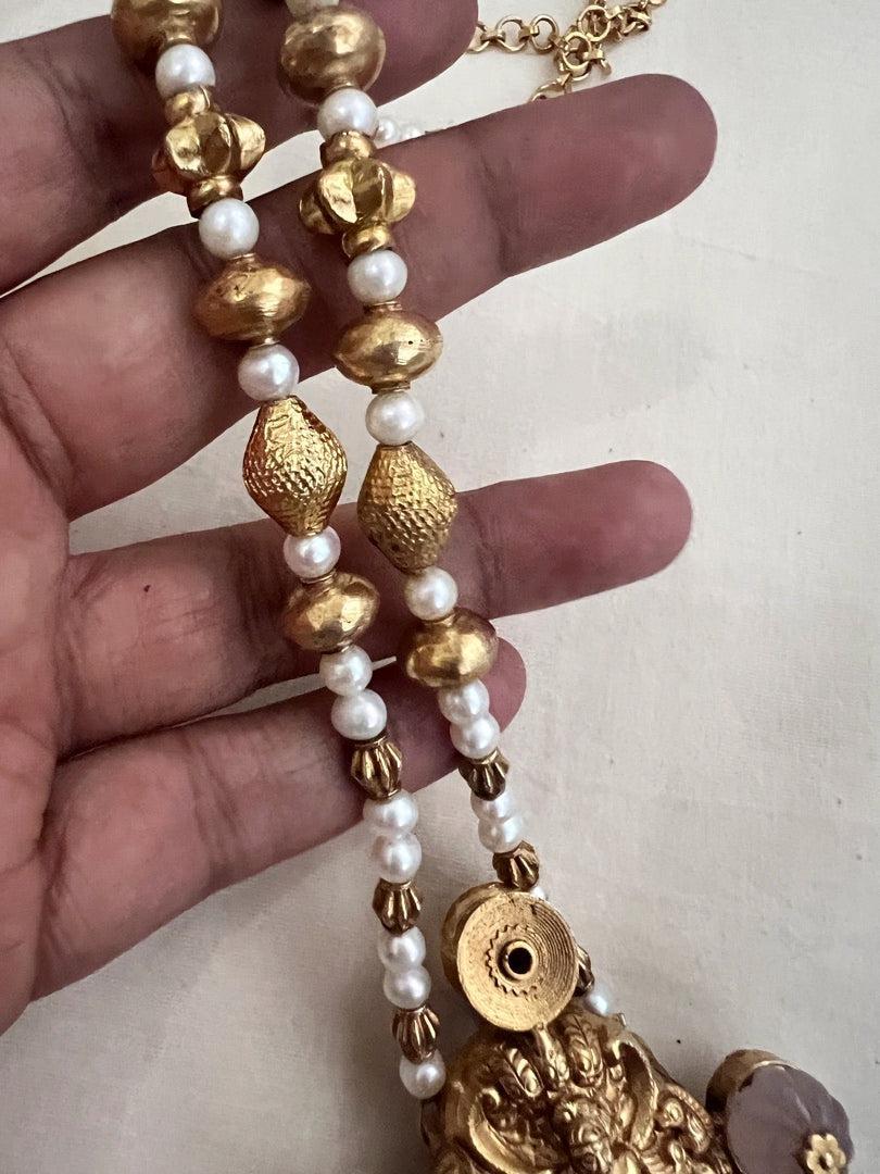 Gold polish statement pendant with pearls and gold beads chain-Silver Neckpiece-CI-House of Taamara