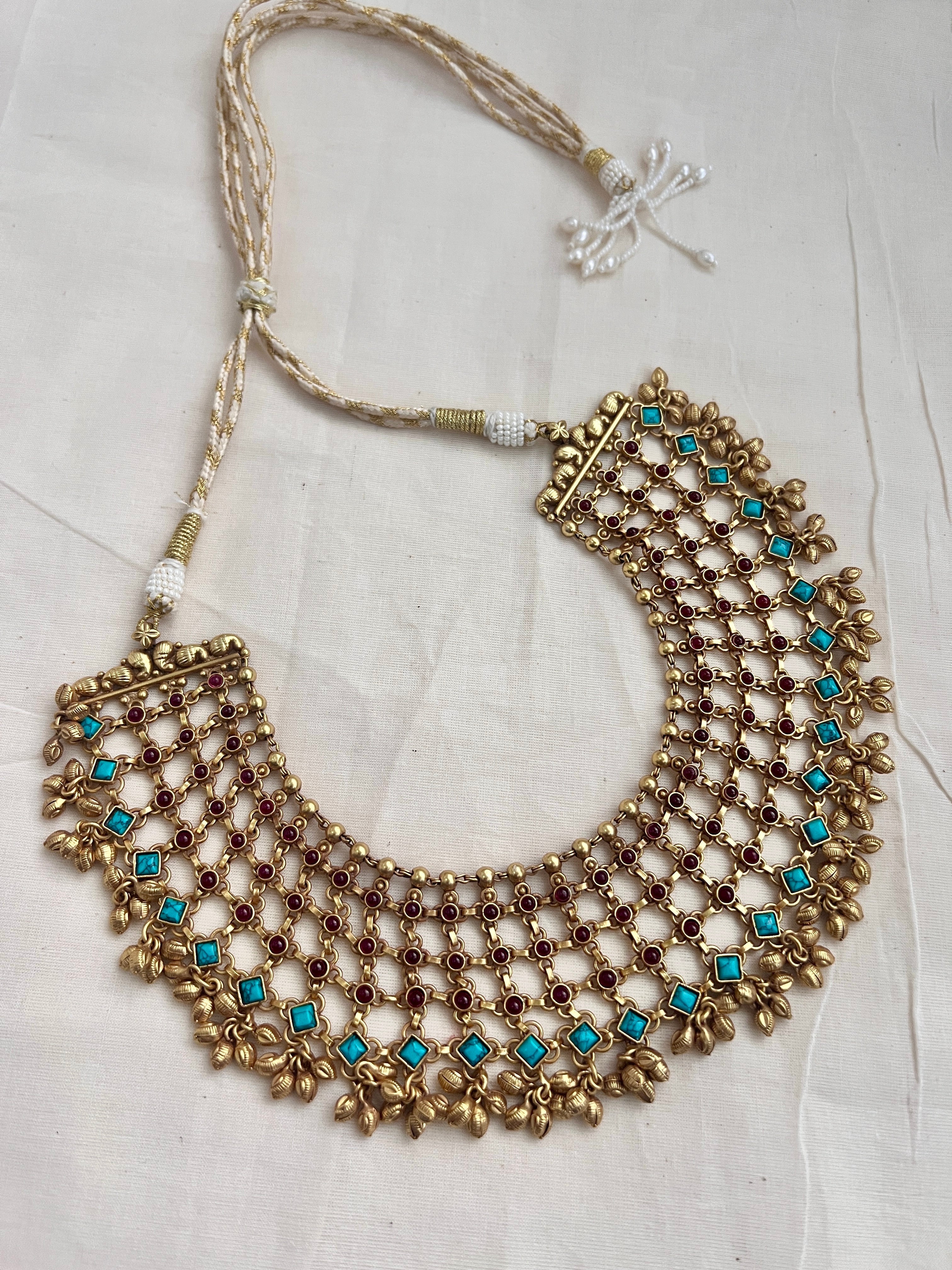 Gold polish statement ruby & turquoise necklace (Made to Order)-Silver Neckpiece-CI-House of Taamara