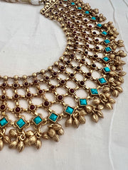 Gold polish statement ruby & turquoise necklace (Made to Order)-Silver Neckpiece-CI-House of Taamara