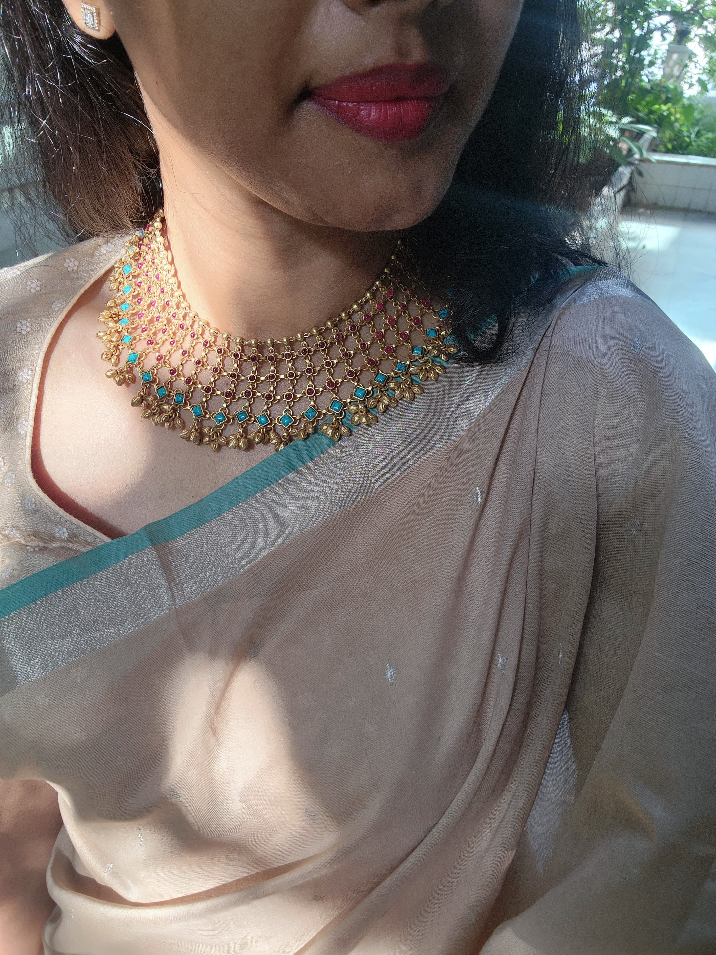 Gold polish statement ruby & turquoise necklace (Made to Order)-Silver Neckpiece-CI-House of Taamara