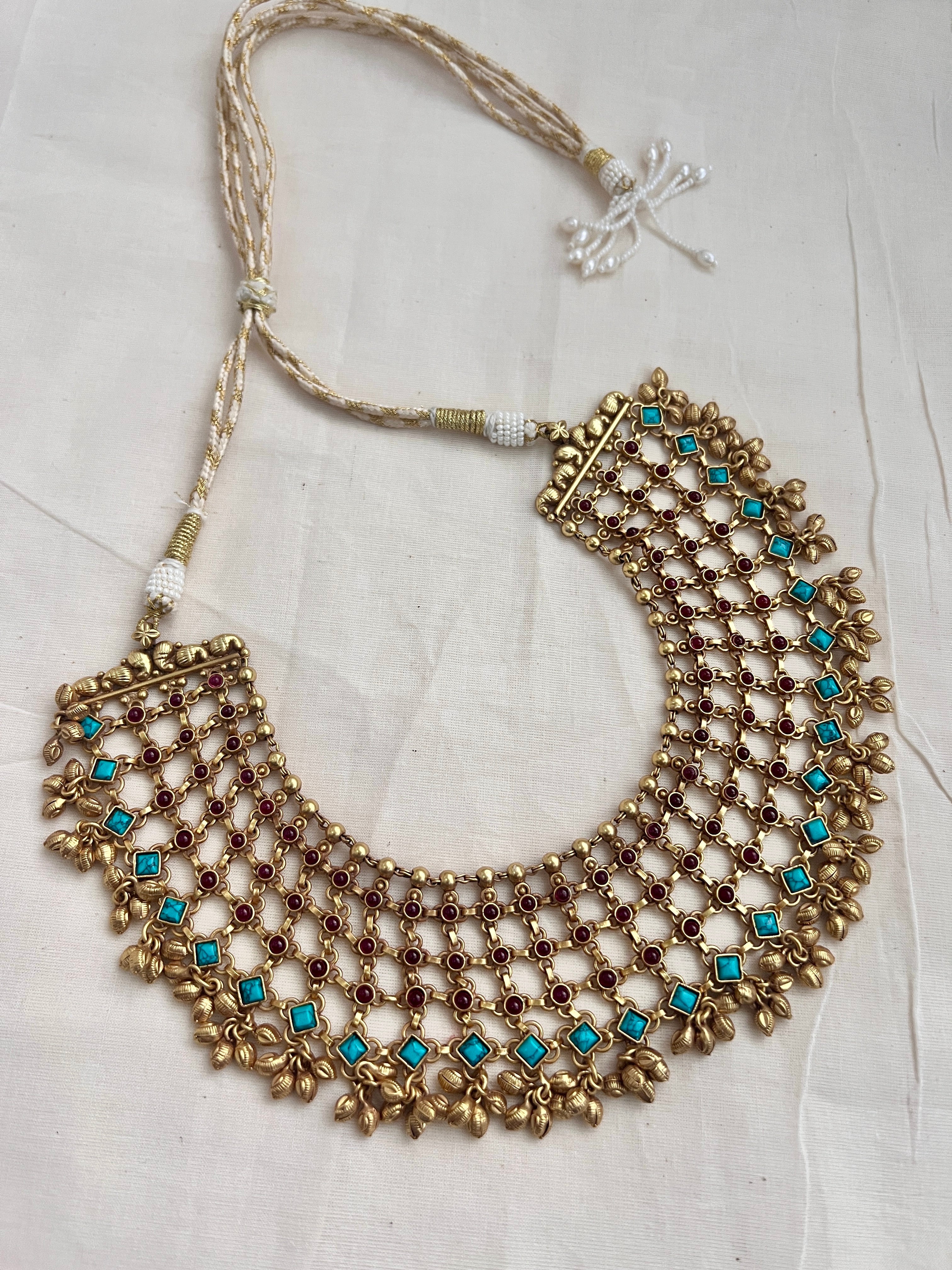 Gold polish statement ruby & turquoise necklace-Silver Neckpiece-CI-House of Taamara