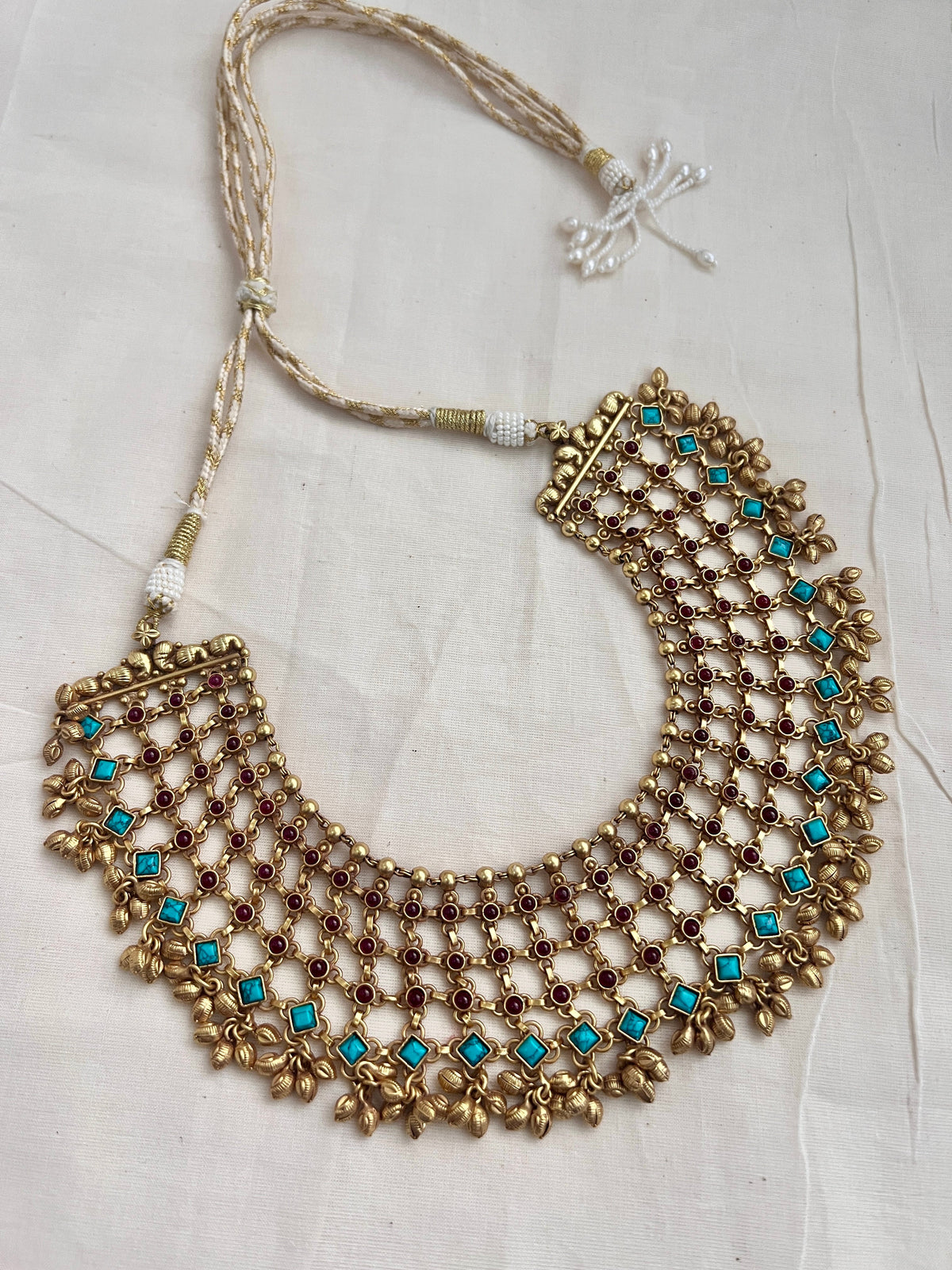 Gold polish statement ruby & turquoise necklace-Silver Neckpiece-CI-House of Taamara