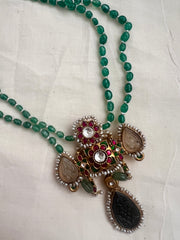 Gold polish stimulated kundan, ruby & emerald pendant, jade & pearls beads chain-Silver Neckpiece-CI-House of Taamara