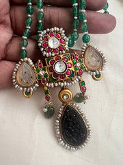 Gold polish stimulated kundan, ruby & emerald pendant, jade & pearls beads chain-Silver Neckpiece-CI-House of Taamara