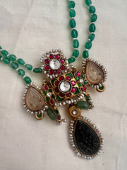 Gold polish stimulated kundan, ruby & emerald pendant, jade & pearls beads chain-Silver Neckpiece-CI-House of Taamara