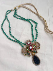 Gold polish stimulated kundan, ruby & emerald pendant, jade & pearls beads chain-Silver Neckpiece-CI-House of Taamara