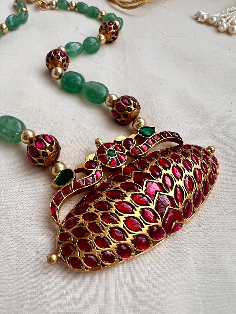 Gold polish stimulated ruby pendant with jade & ruby beads chain-Silver Neckpiece-CI-House of Taamara