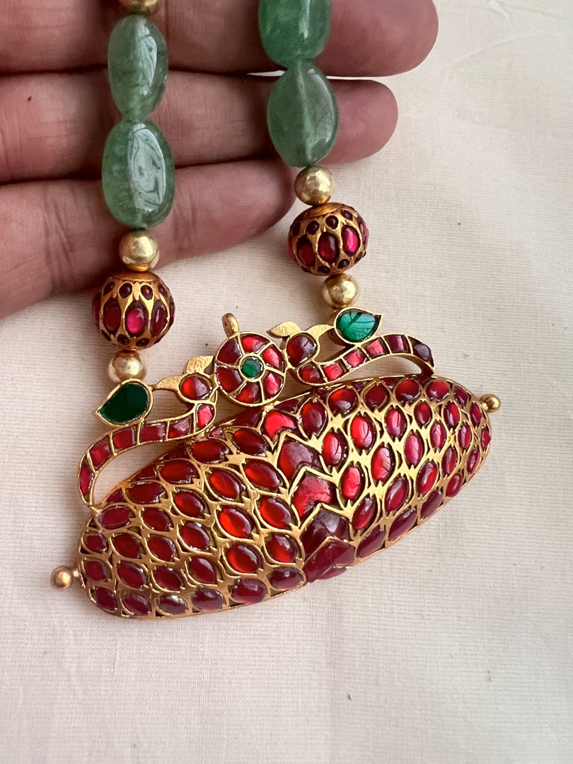 Gold polish stimulated ruby pendant with jade & ruby beads chain-Silver Neckpiece-CI-House of Taamara