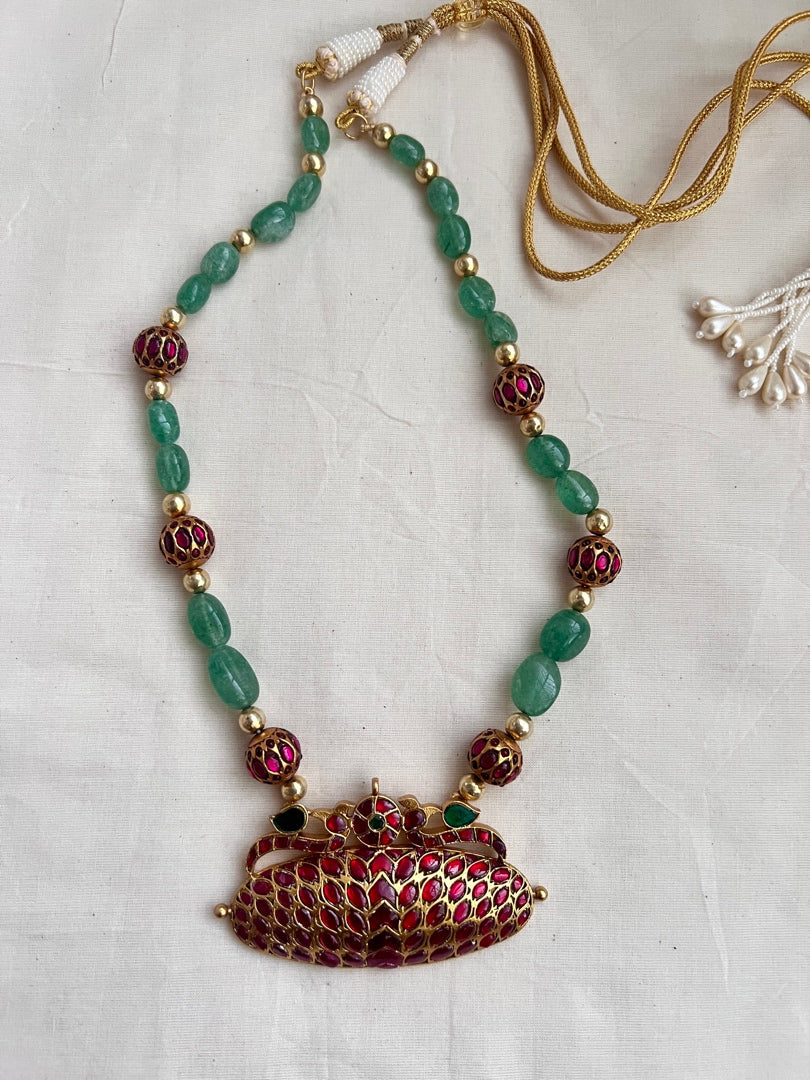 Gold polish stimulated ruby pendant with jade & ruby beads chain-Silver Neckpiece-CI-House of Taamara