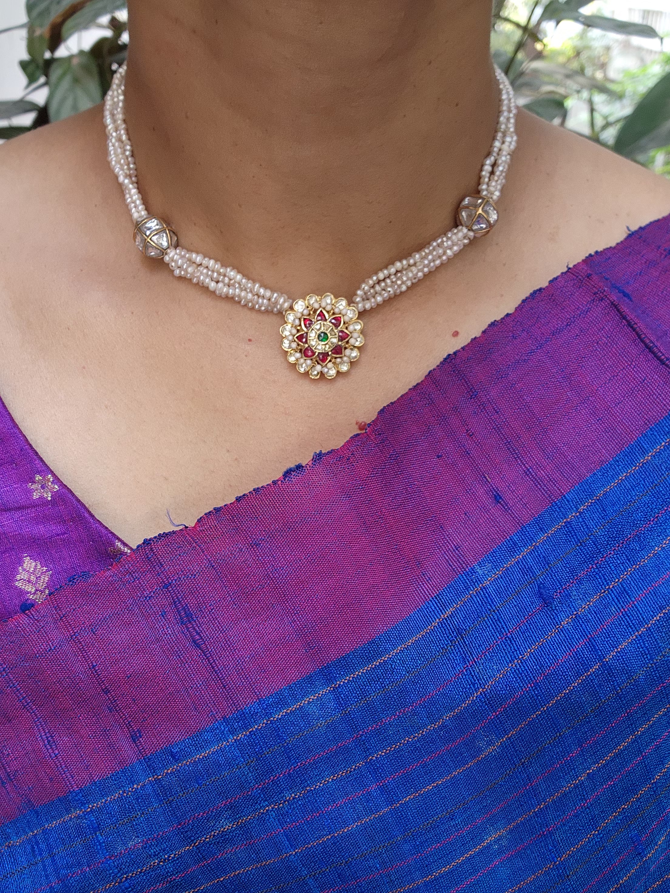 Gold polish stringed pearl necklace with kundan pendant-Silver Neckpiece-CI-House of Taamara